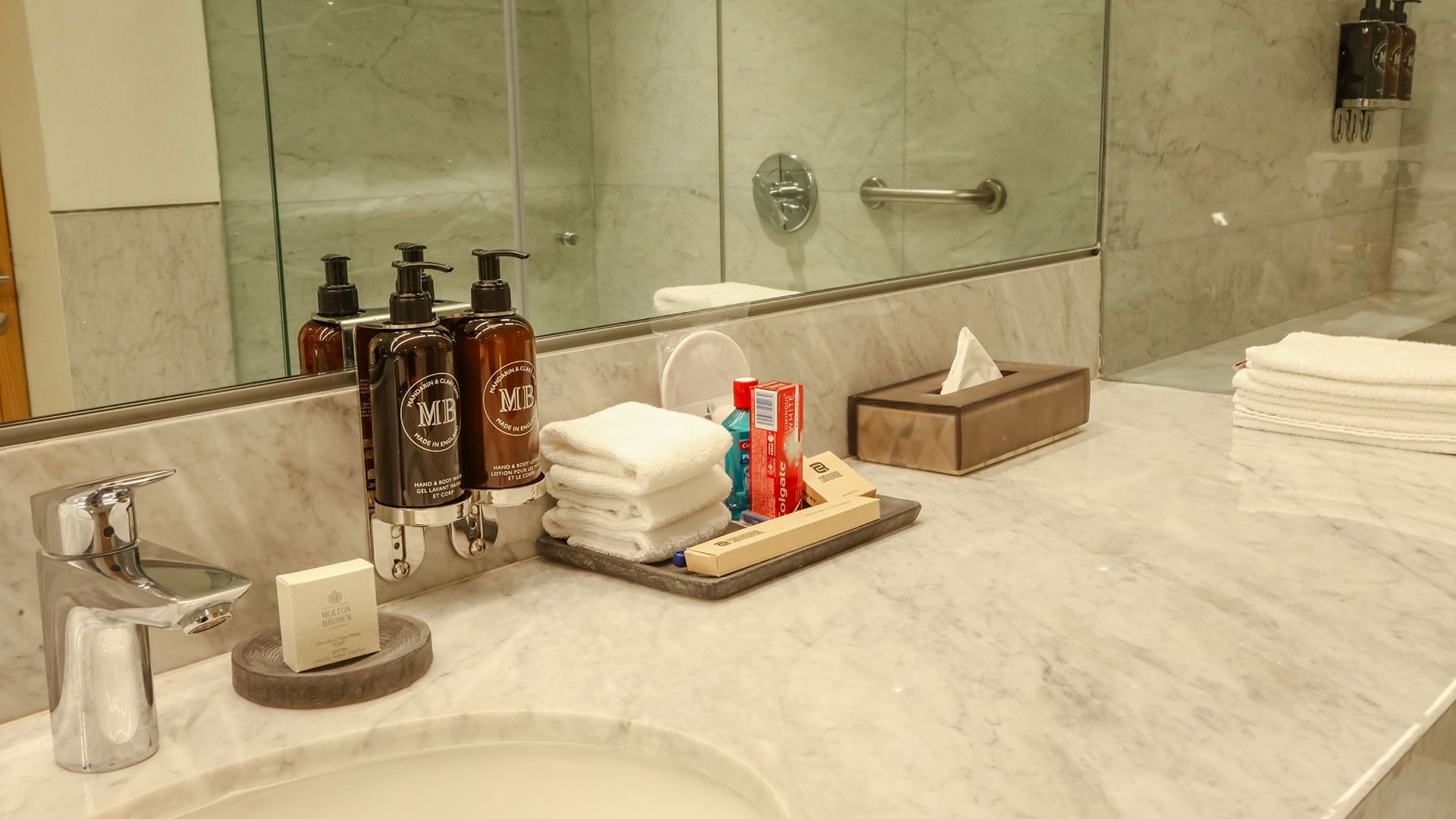 Bathroom sink and amenities in King Superior Junior Suite at Camino Real Polanco Mexico in Ciudad de Mexico.