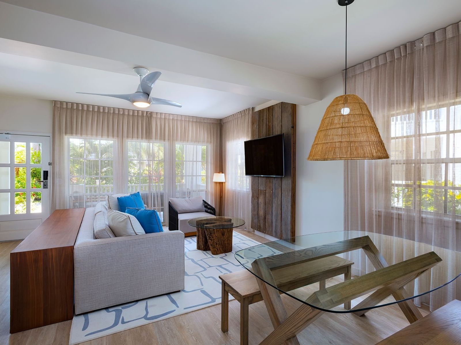 Interior & decor of the living room in Garden View Reef House 2 Bedroom Suite at Alaia Belize Autograph Collection