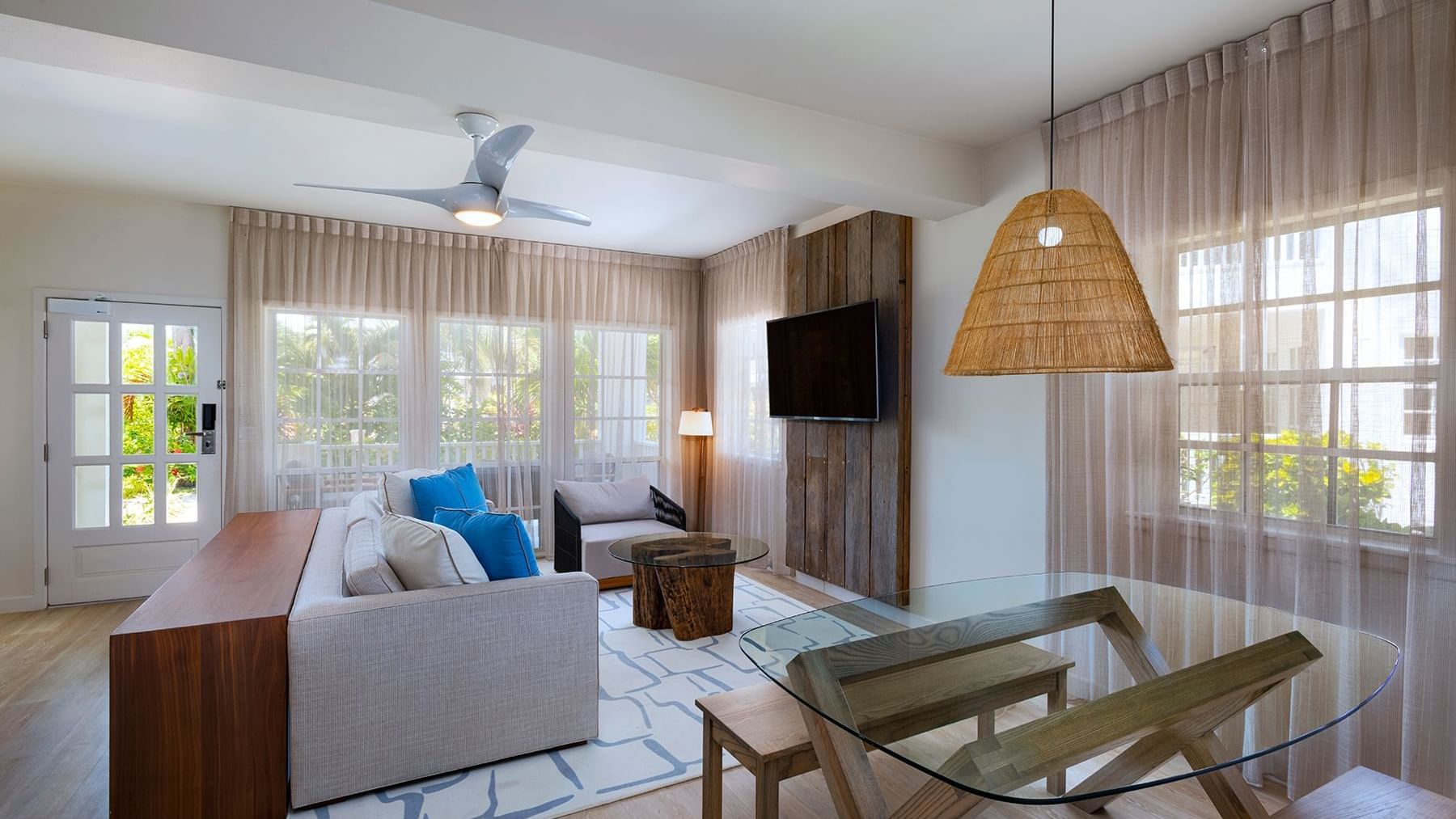 Interior & decor of the living room in Garden View Reef House 2 Bedroom Suite at Alaia Belize Autograph Collection