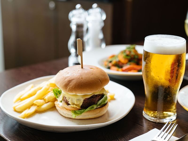 Close-up of Burger & beer in Market & Co at Crown Hotels