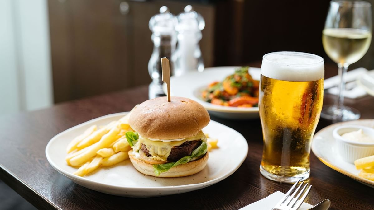 Close-up of Burger & beer in Market & Co at Crown Hotels