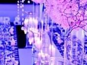 Abstract close-up of wedding or event decor with purple uplighting on flowers and crystal accents at The Sebel Brisbane