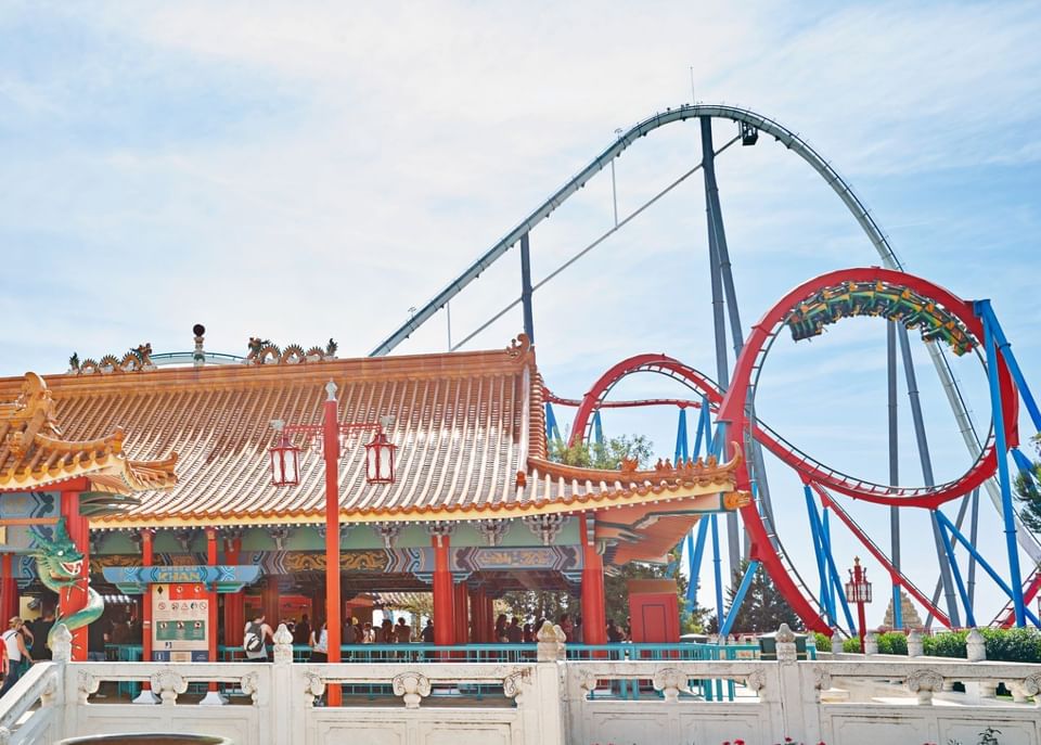 Exterior view of Dragon Khan restaurant with Korean architecture in PortAventura Theme Park near Hotel Vila Centric