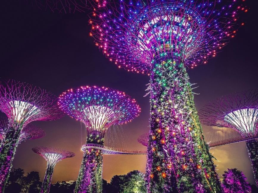 Low angle view of Gardens by the Bay at night near Nostalgia Hotel Singapore