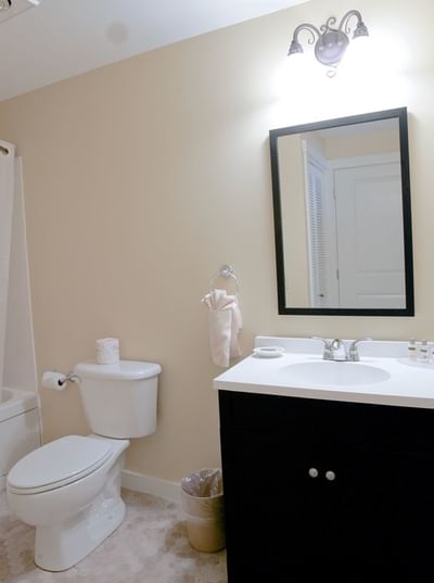 A well-lit, clean bathroom with a black vanity, a white toilet, and a large mirror at The Pointe at Castle Hill