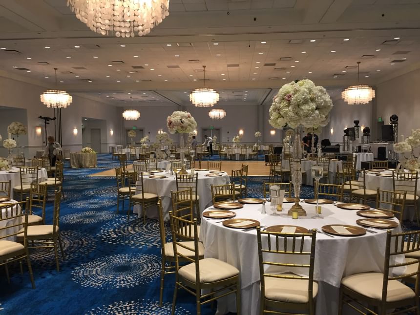 Banquet tables arranged in Monmouth Ballroom at Ocean Place
