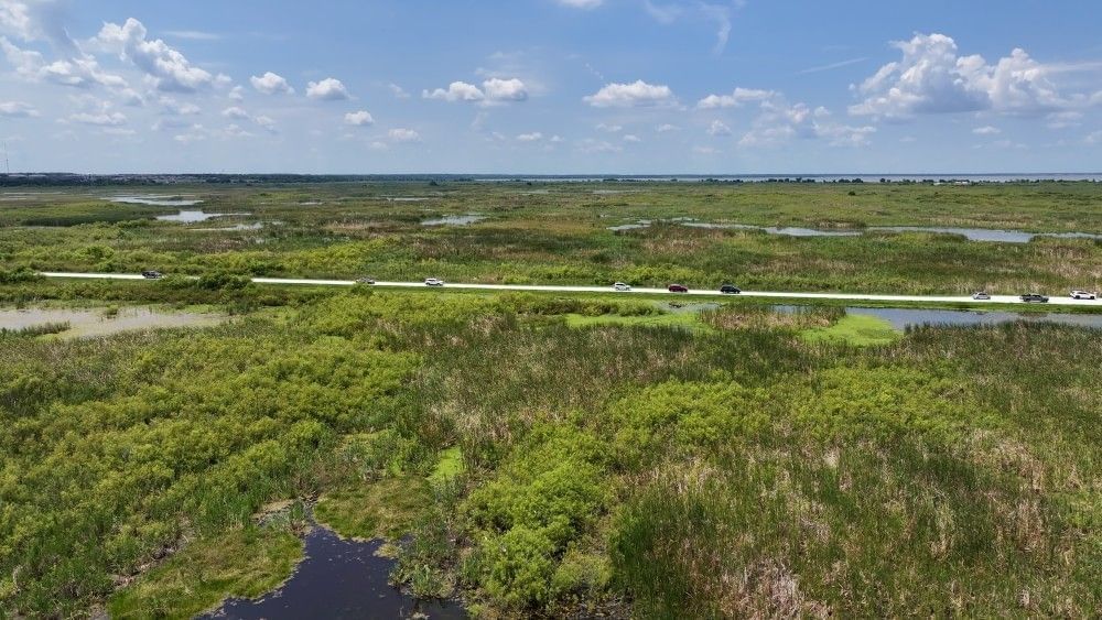 A marshy flat expanse of land with a single drive cutting through the middle.