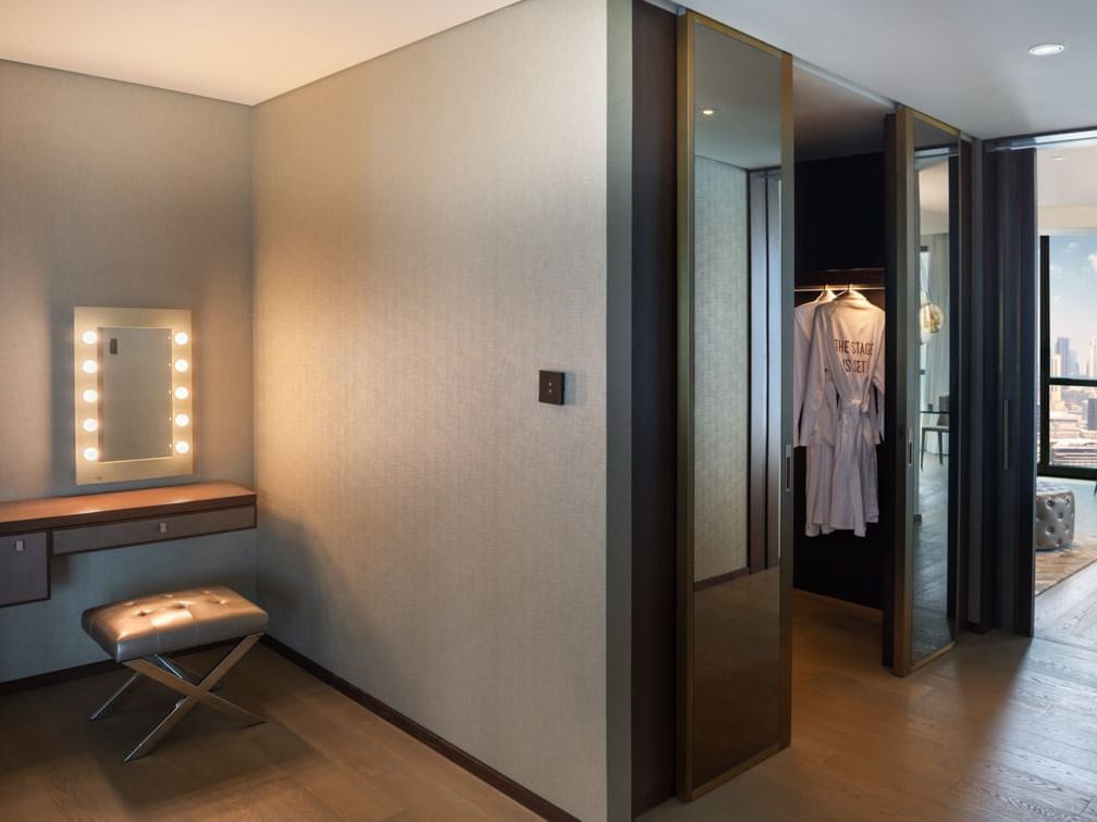 Closet and vanity in Paramount Suite at Paramount Hotel Dubai