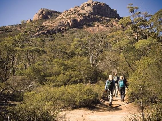 People on a hike at the mountain near Freycinet Lodge 