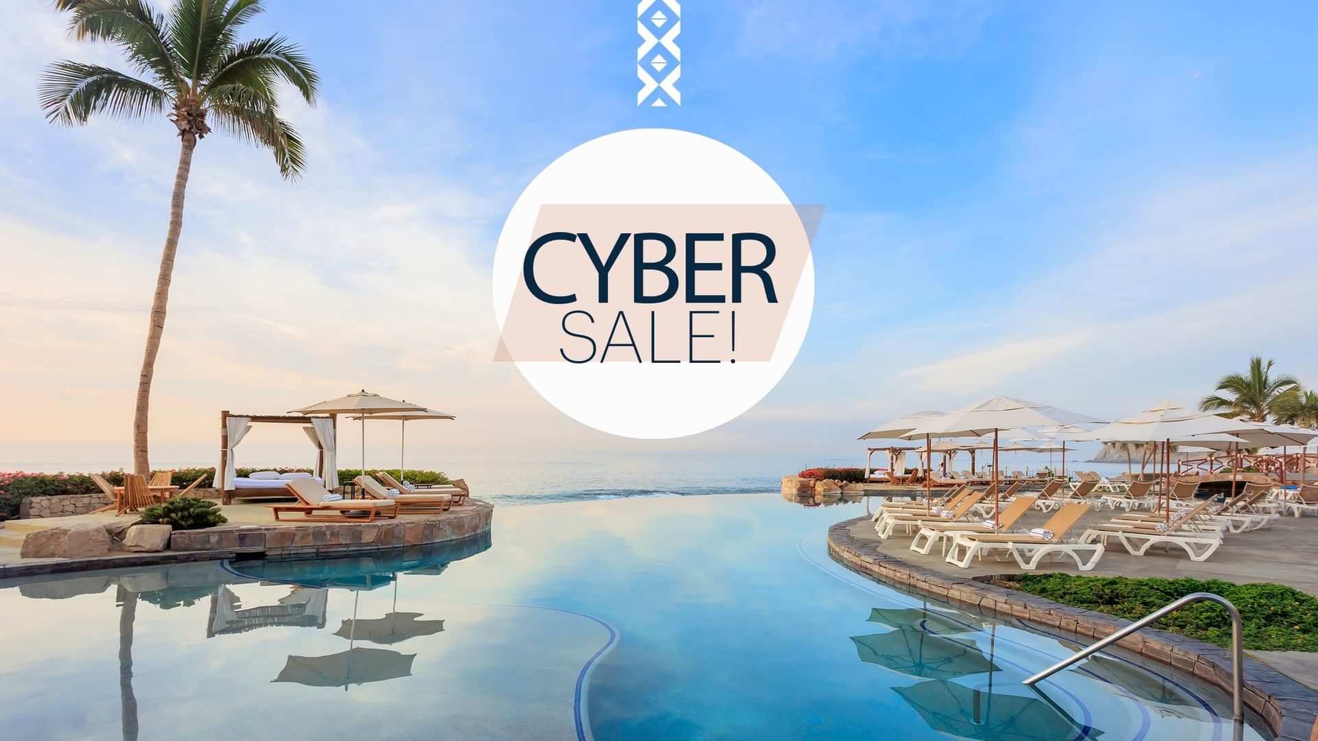 Piscina de lujo junto al mar con tumbonas y sombrillas, y texto 