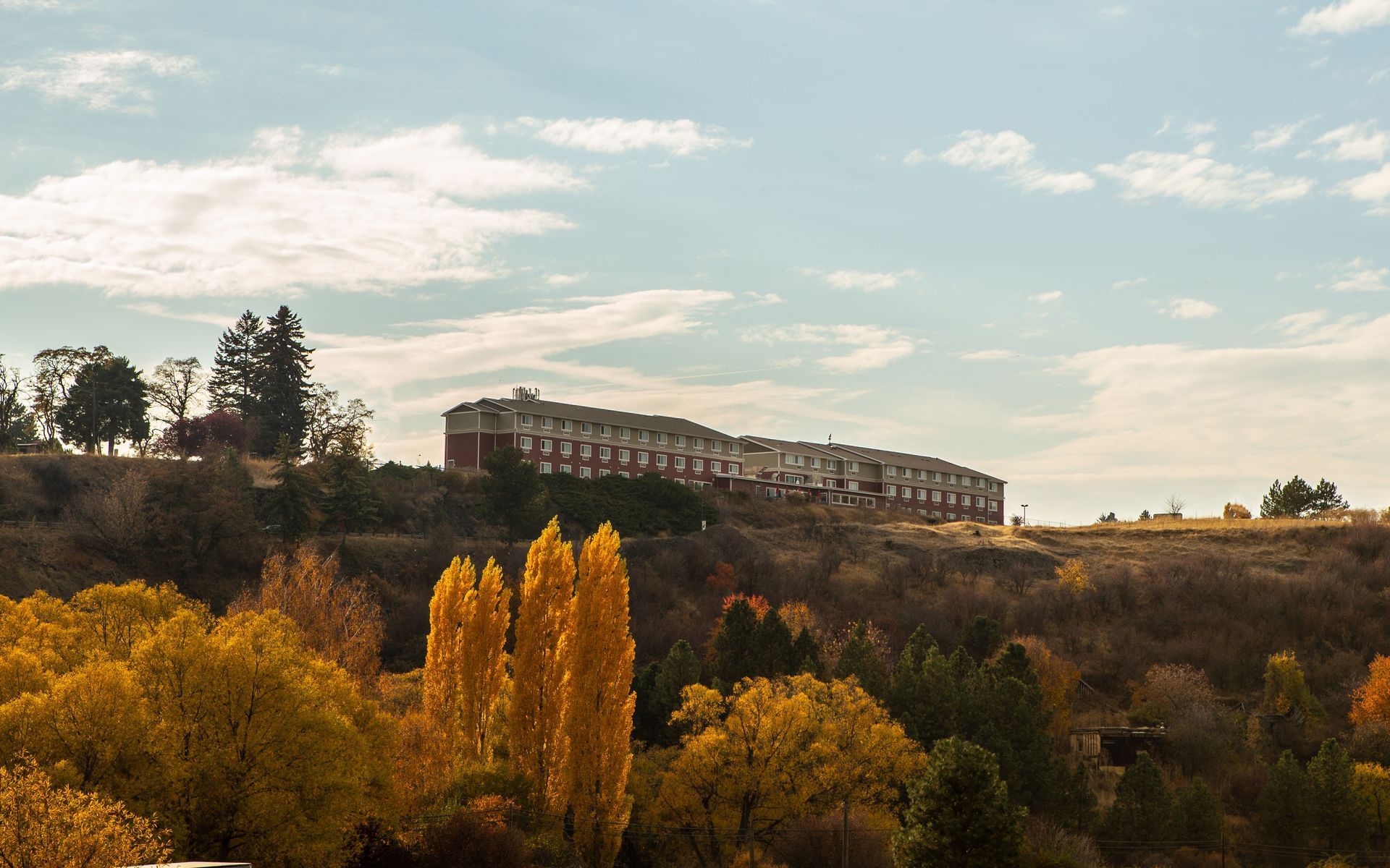 Exterior of Coast Hilltop Inn from a distance with fall trees