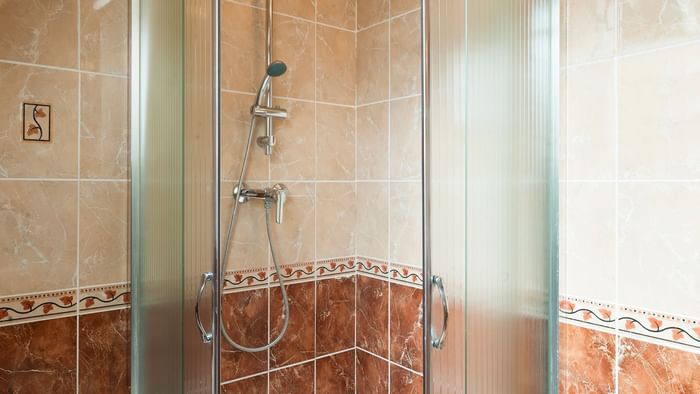 Close up of the shower in the bathroom at Hotel Le Cheval 
