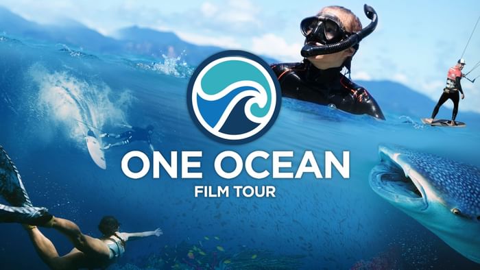 A poster for One Ocean Film Tour showing divers, surfers, and a whale in ocean.