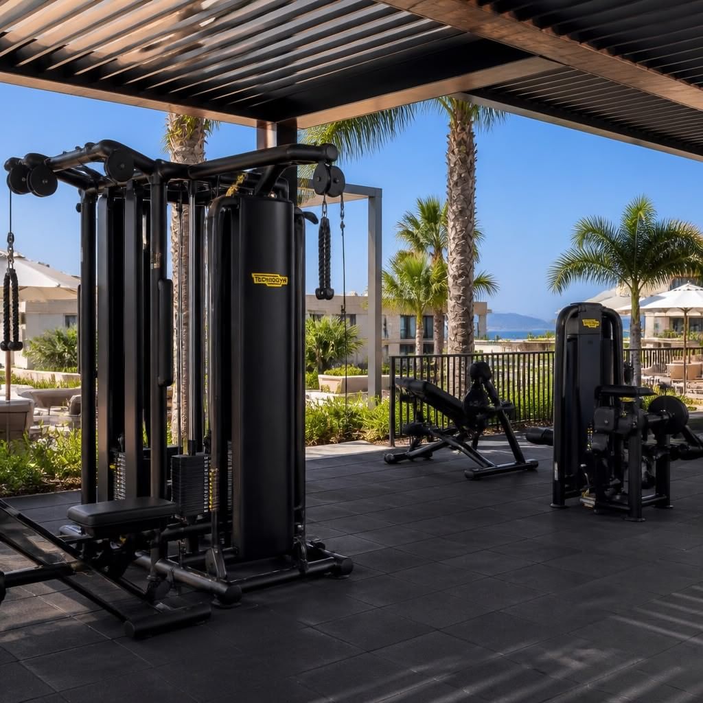 An open-air gym with cable machines under a pergola, palms and sea in the distance