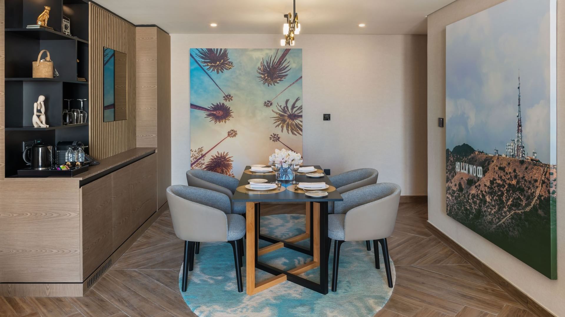 Arranged dining table in Co-Star Suite at Paramount Hotel Midtown