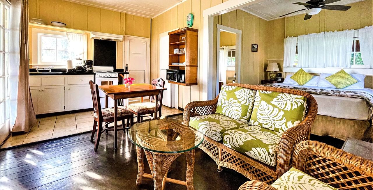 Cottage living area, kitchen, and bed