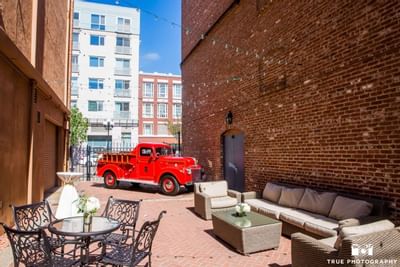 Outdoor seating for wedding at Horton Grand Hotel