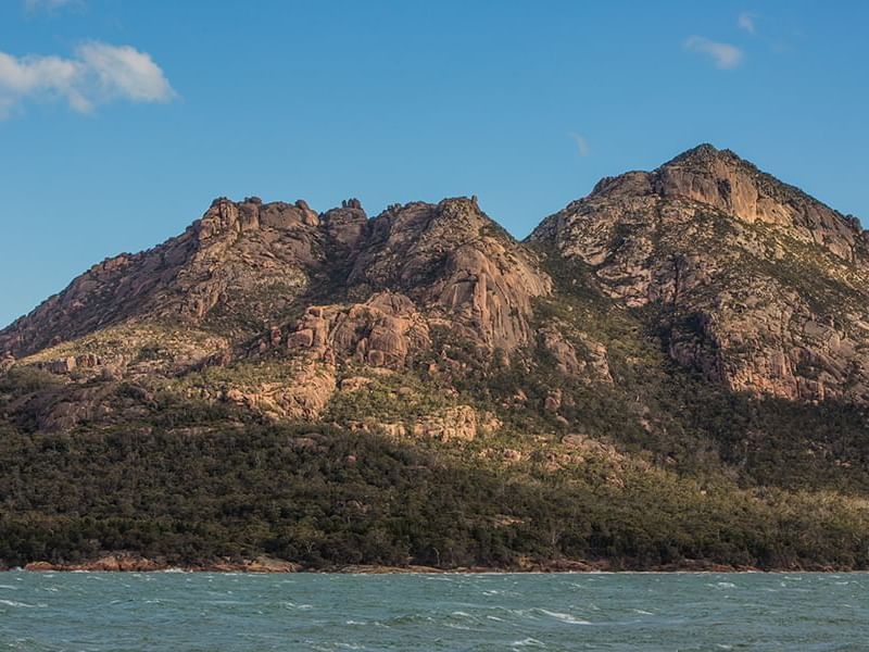 Aerial view of Hazards mountain range with the Bay at Freycinet Lodge