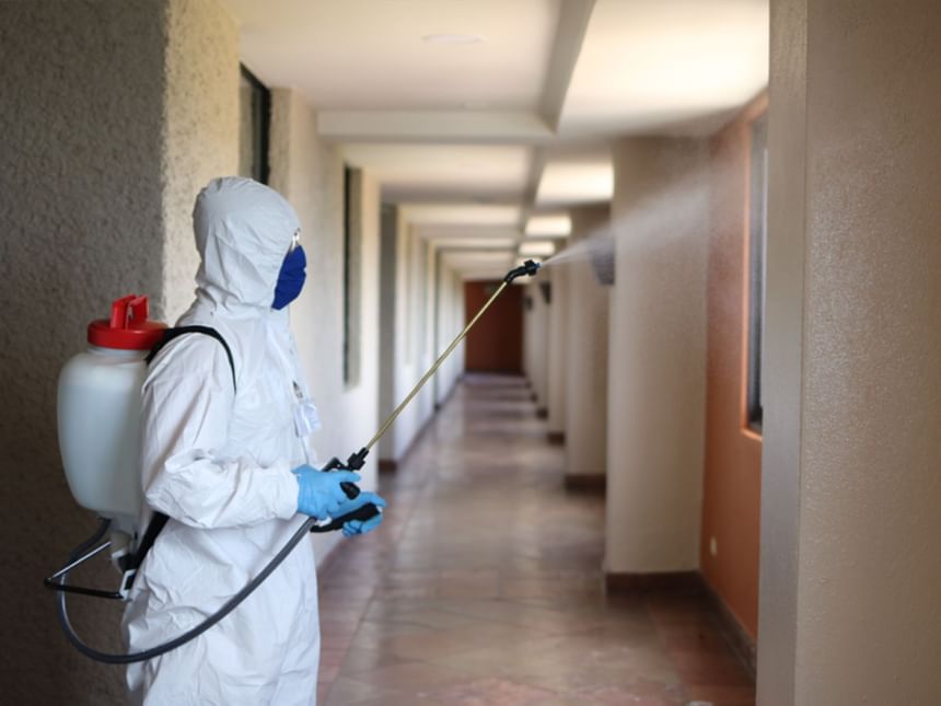 Staff wearing protection & cleaning rooms, Hotel Coral y Marina