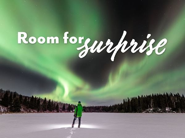 Man standing on a snow-covered field with a green sky from the northern lights