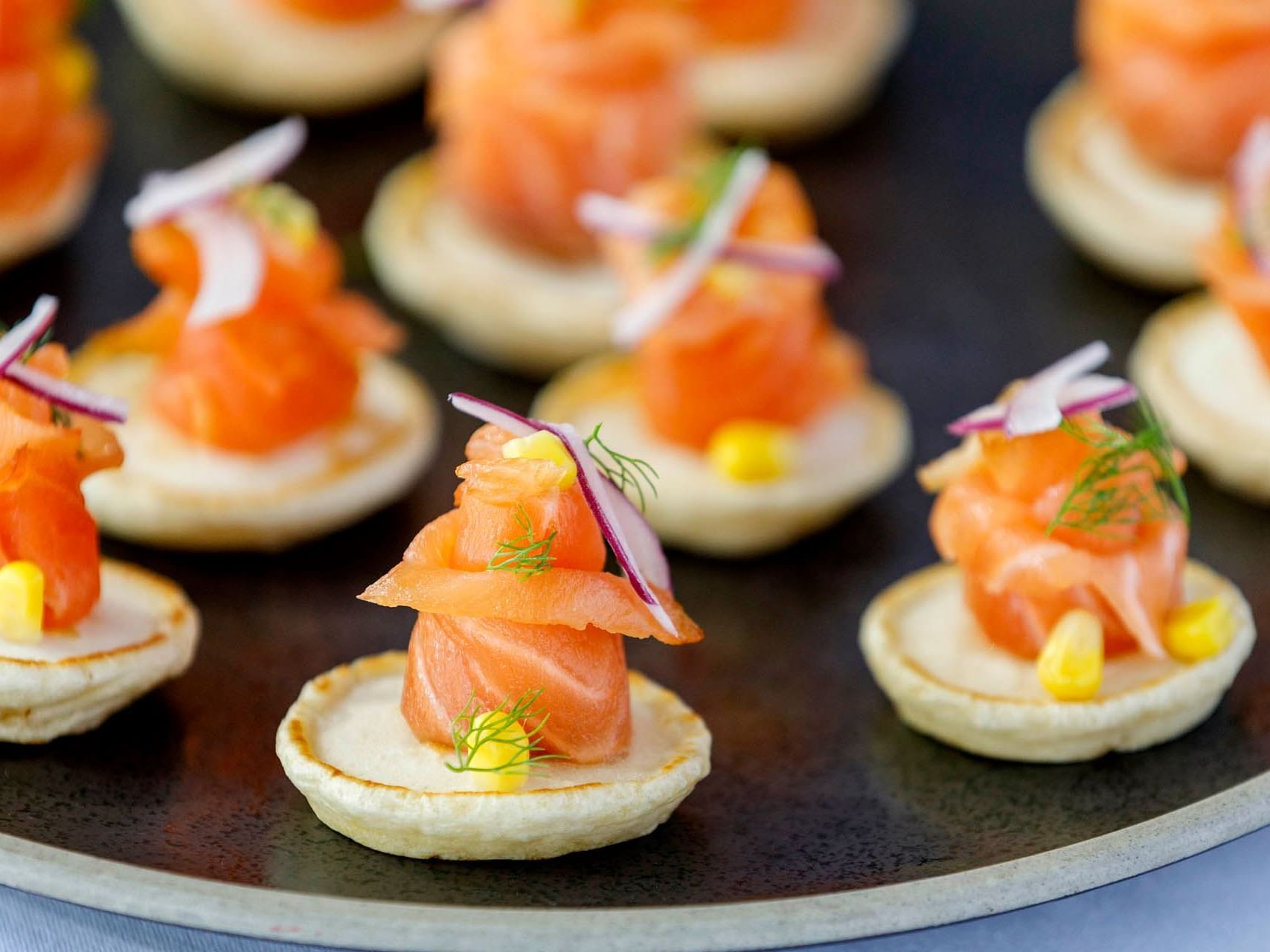 Close-up of a salmon canape served at Grand Chancellor Melbourne