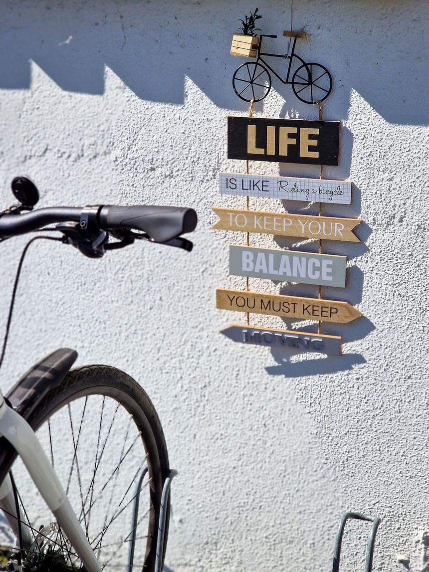 Motivational sign, Life is like riding a bicycle beside a bike on a sunny day at Tyrifjord Hotel in Norway