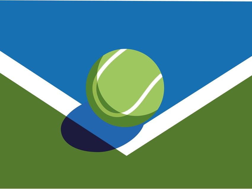 Illustration of a green tennis ball with white seams on a blue and green court at Camino Real