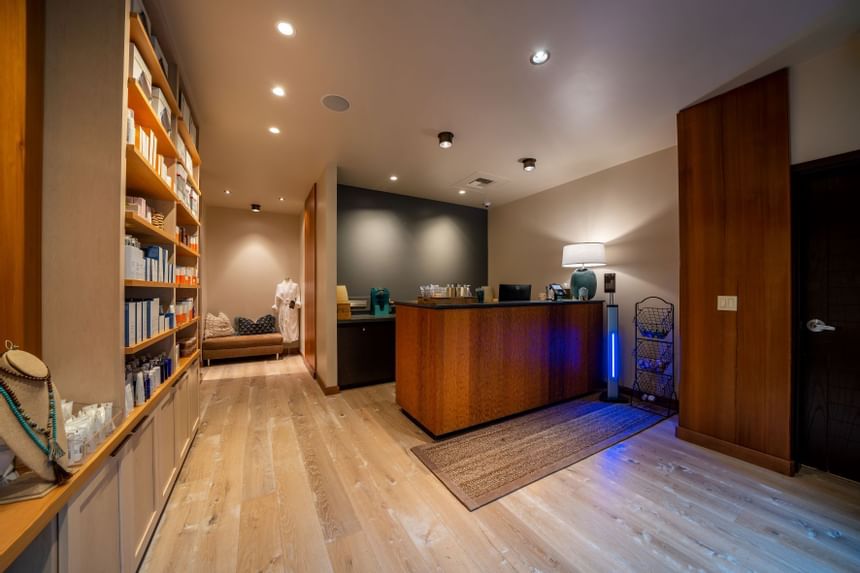 Spa reception & amenity shelf at Alderbrook Resort & Spa