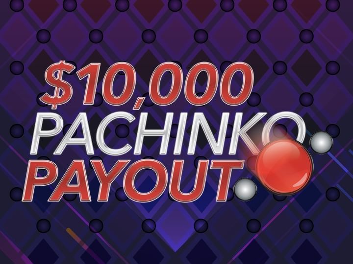 $10,000 Pachinko Payout Drawings Promo Logo on purple background