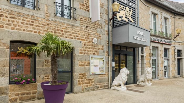 Lion pedestals by the main Entrance at Hotel Le Lion d'Or