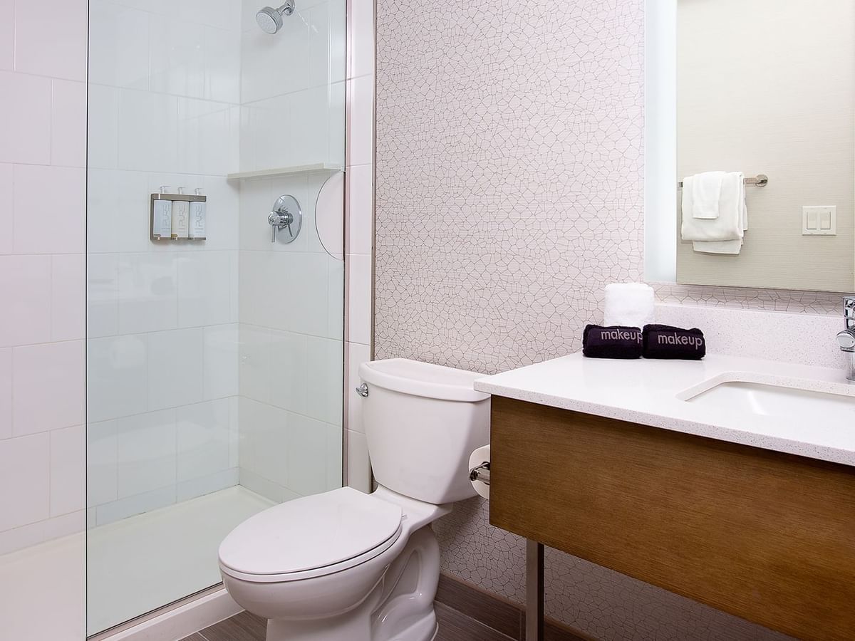 Modern clean bathroom with a shower stall, toilet, sink and vanity with a mirror and makeup kit.