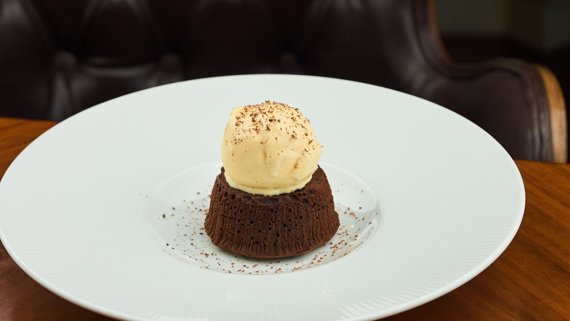 Salted caramel chocolate fondant dessert served in Pacific Groove Restaurant & Lounge at Paramount Hotel Dubai