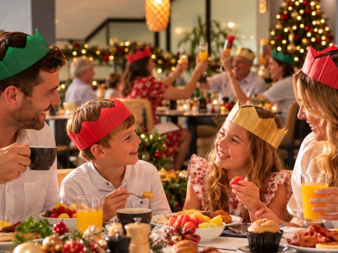 Family celebrating Christmas at Buffet Breakfast 