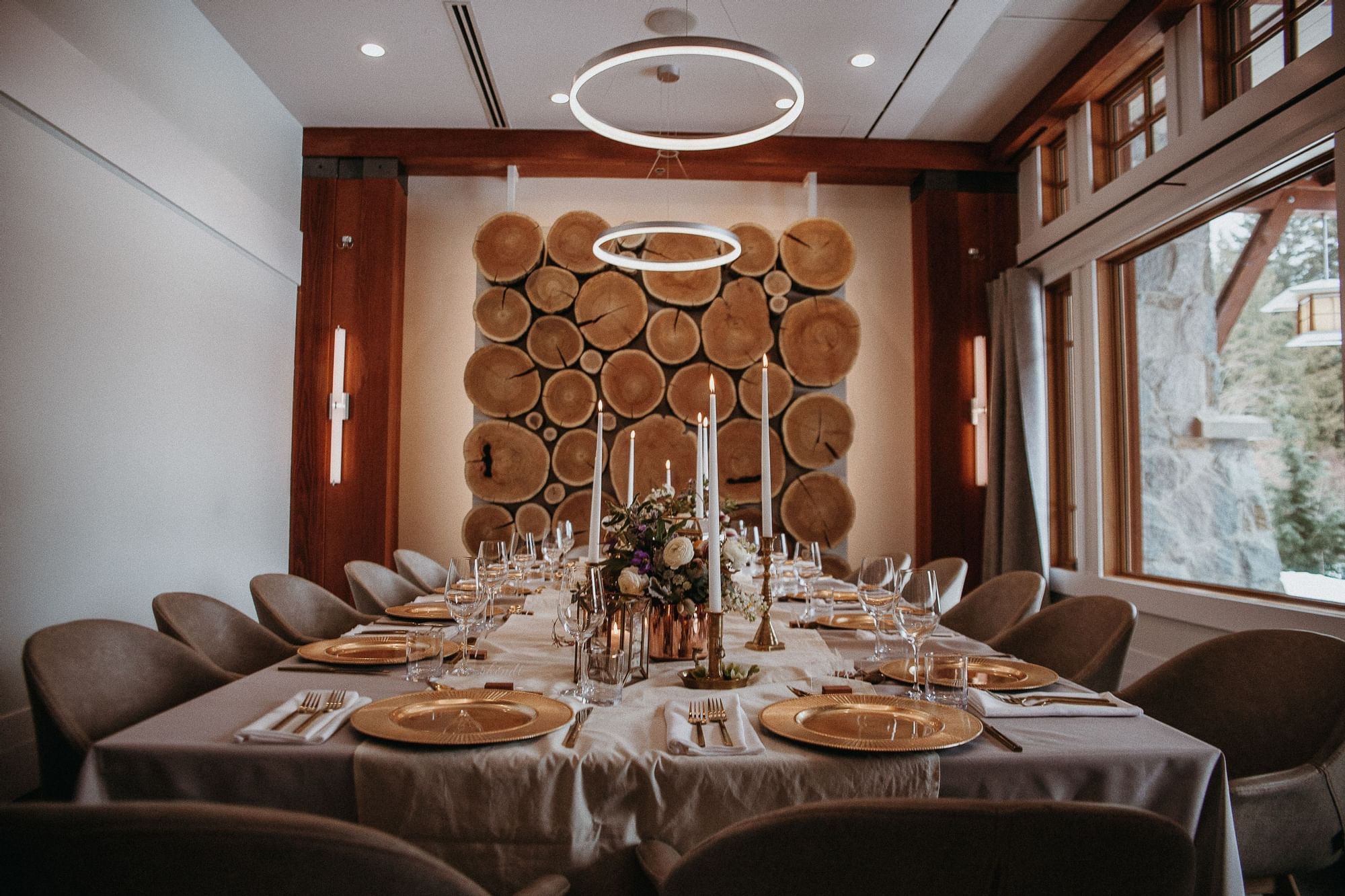 Private dining table arranged in The Den at Nita Lake Lodge