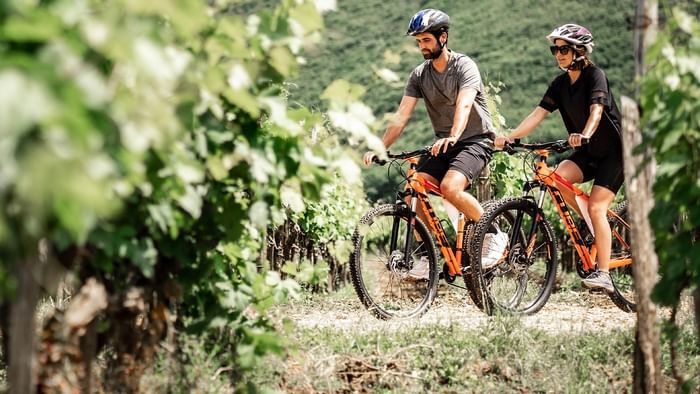 Two cyclists riding on forest trail near Falkensteiner Genuss & Wohlfühlhotel Mühlviertel