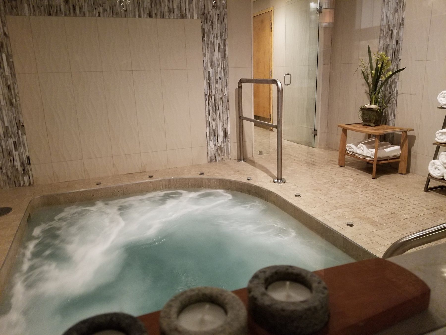 Regency Hotel Spa room with hot tub, towel racks, and a glass-enclosed shower area.