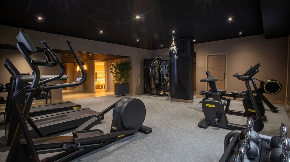 Technogym cardio equipment with a view of the sauna entrance at Warwick Reine Astrid - Lyon