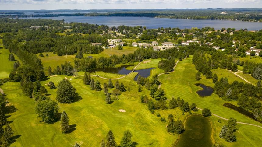 Ariel view of the golf course at Evergreen Resort