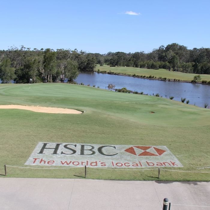 HSBC logo near lake at Mercure Kooindah Waters
