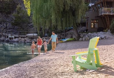 Family walking along pebble beach with yellow and green chairs, tree, and house in background.