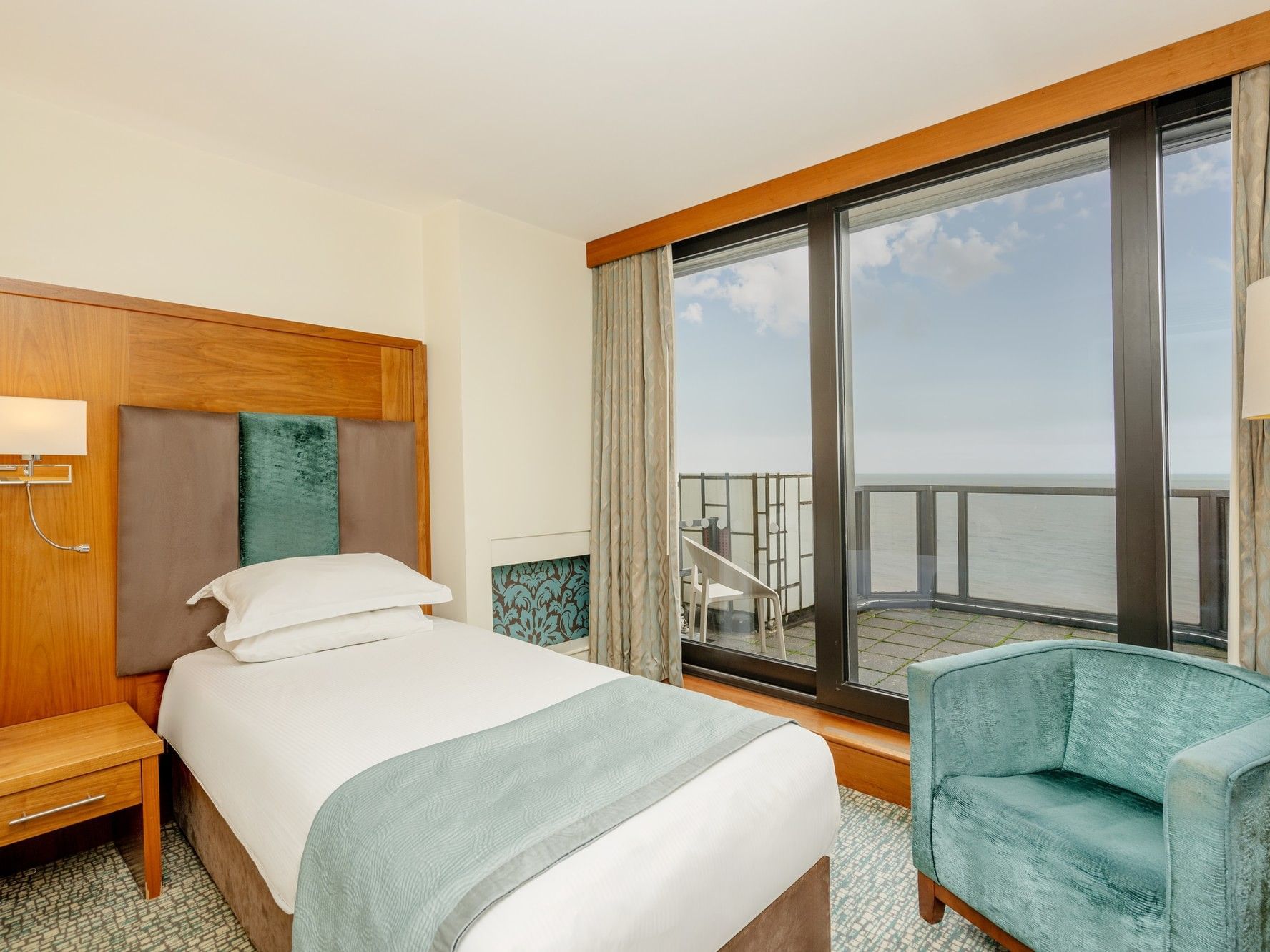 Single balcony room at The View Hotel Eastbourne in England.