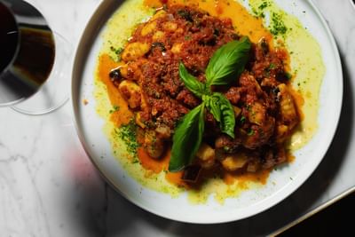 Close-up of dish of gnocchi served on a plate at The Delegate Hotel