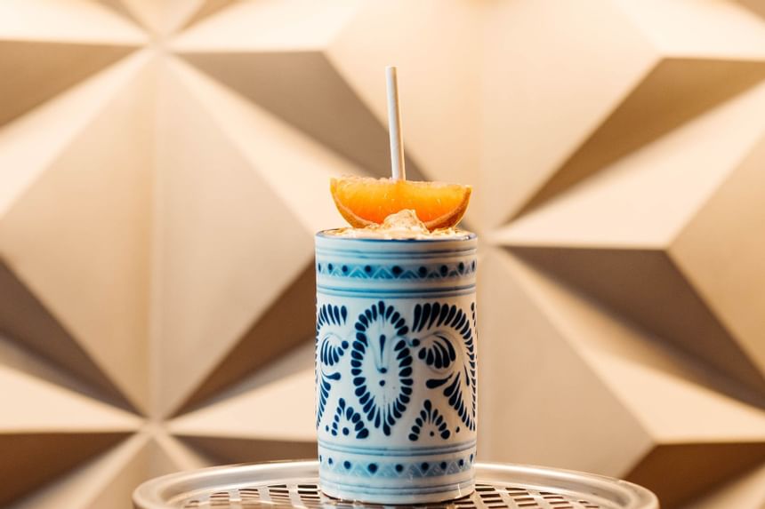 Closeup of a drink served at Casa Azulejos Puebla Hotel