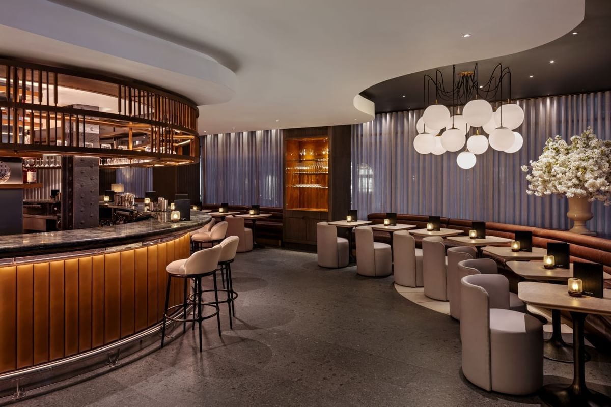 Stylish contemporary bar and lounge with a curved bar and modern seating at The May Fair Hotel