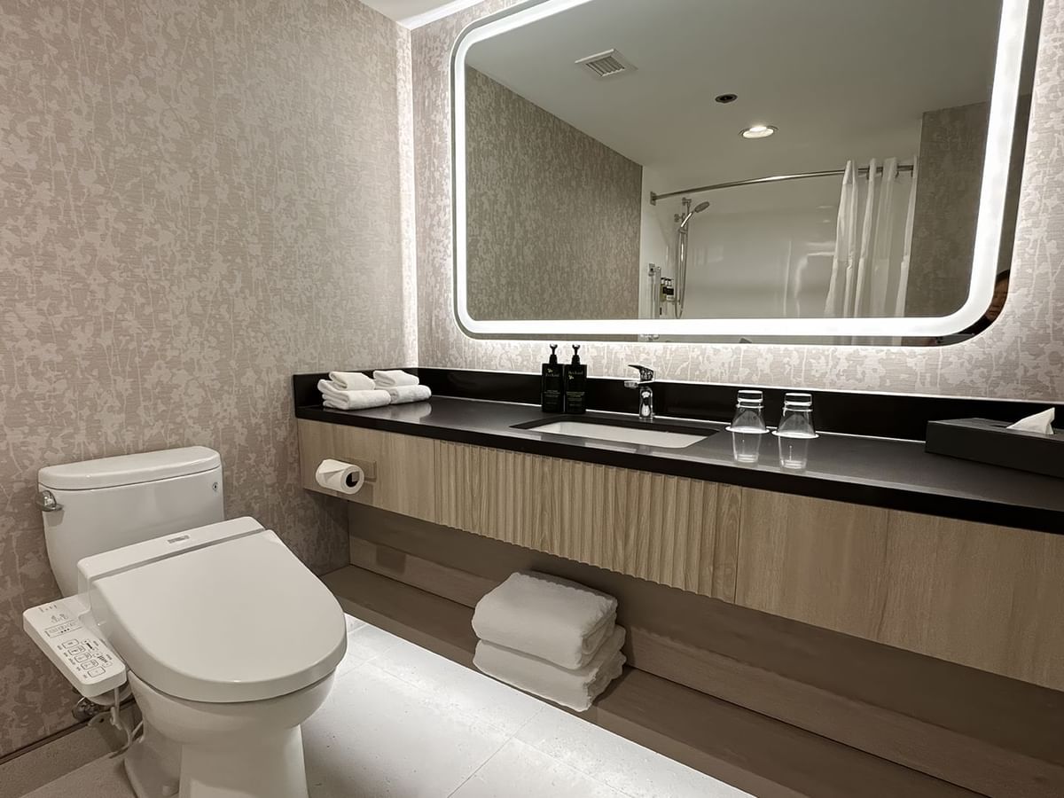 Hotel bathroom with toilet, mirror, sink, soap and towels