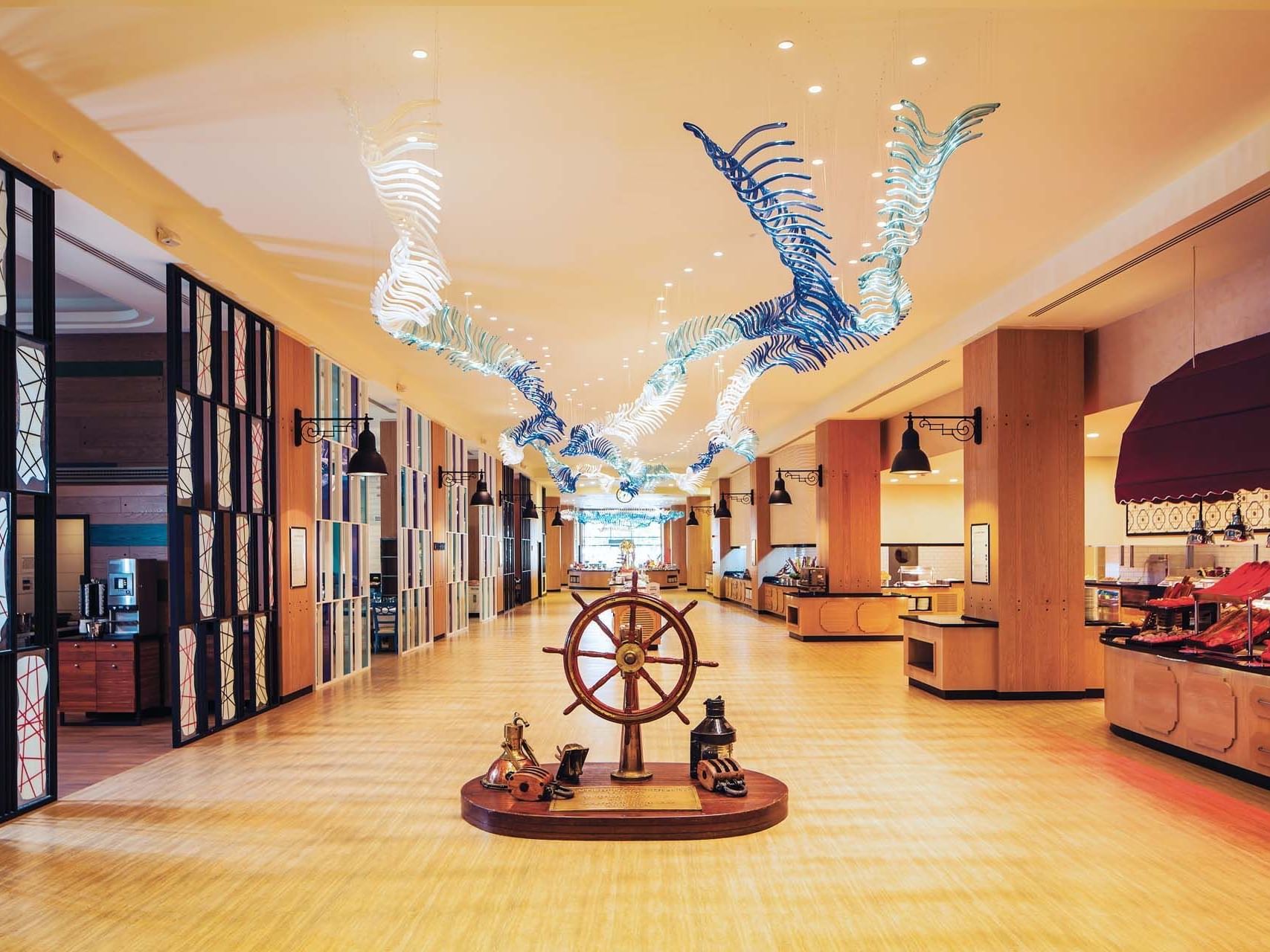 Interior of dining area hallway in Parkfora Main Restaurant at Titanic Deluxe Lara