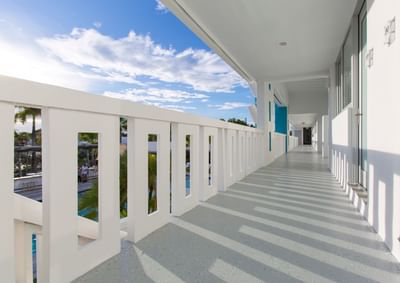 Exterior Hallway at Vagabond Hotel showing Mid century modern architectural accents