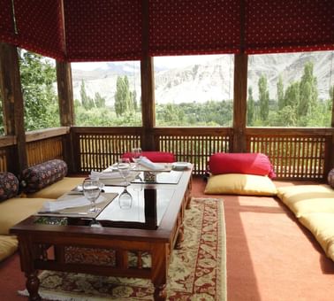 Khatamband Loggia Restaurant interior at Serena Khaplu Palace