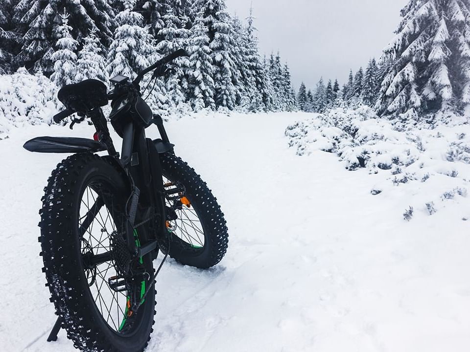 Fat tire bike parked in a snowy pathway near Hotel Jackson