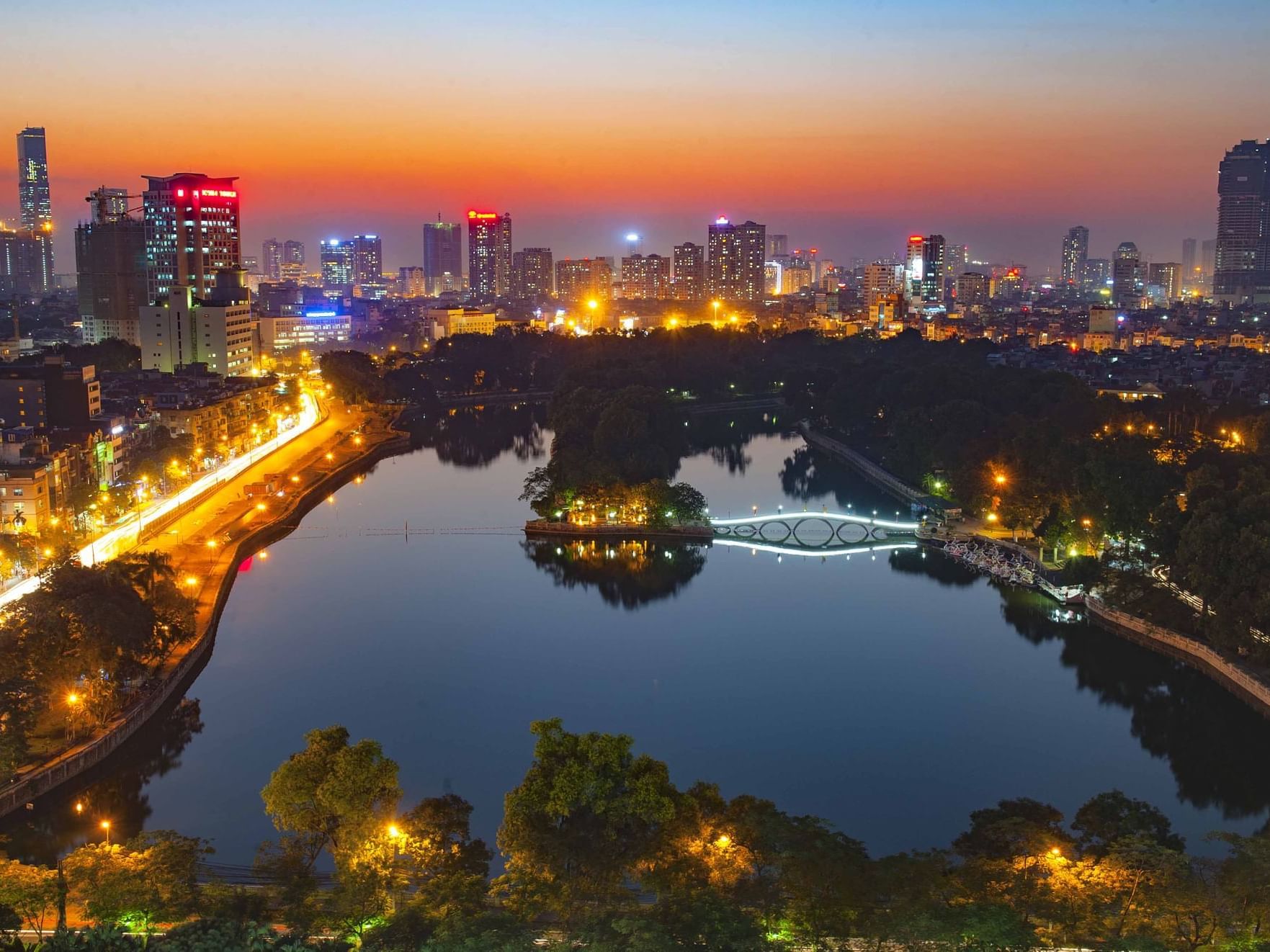 High-angle city view from the Club Room of Hanoi Daewoo Hotel at night